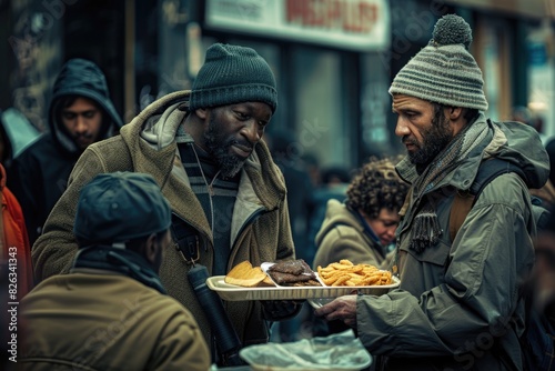 A man holding a plate of food in a busy urban street  suitable for food and lifestyle concepts