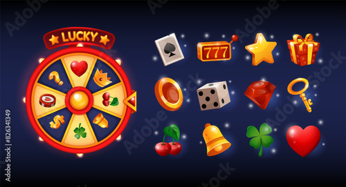 Casino icon. Slot game. Gambling UI. Jackpot cartoon machine. Poker and roulette. Money coin. Gold crown. Gift box. Vegas prize. Cherry or shamrock. Spinning wheel. Vector tidy mobile GUI elements set