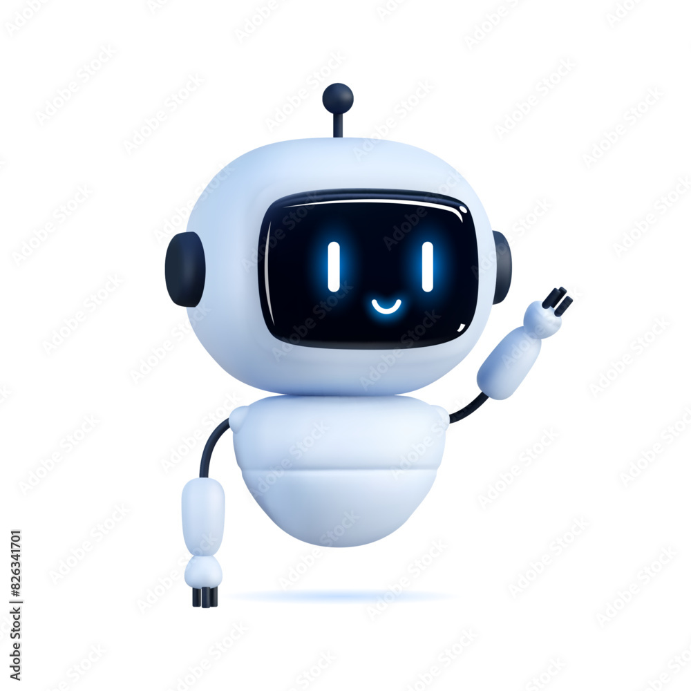 Happy robot. 3d ai character, chat bot mascot isolated on white background, GPT chatbot icon. Artificial intelligence, trendy technology, support service, funny automaton computer vector illustration