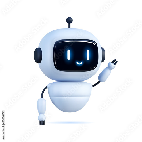 Happy robot. 3d ai character, chat bot mascot isolated on white background, GPT chatbot icon. Artificial intelligence, trendy technology, support service, funny automaton computer vector illustration