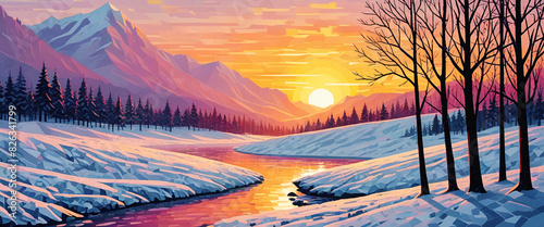 illustrazione di suggestivo paesaggio invernale con sole che tramonta dietro monti innevati