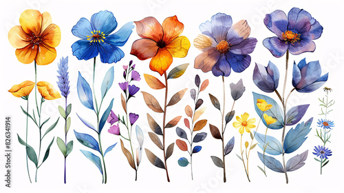 Watercolor illustrations of floral elements, including blooming peonies and nature-inspired decorations, isolated on white background