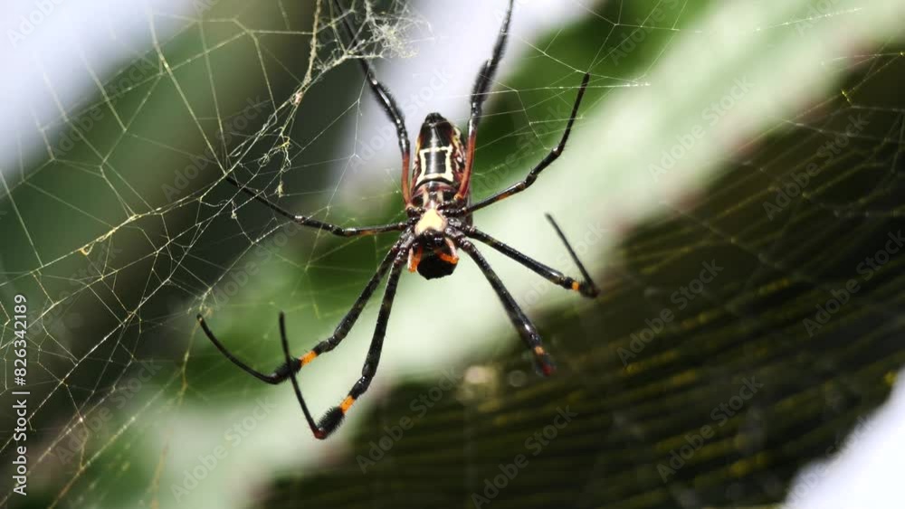 Close-up of Nephila pilipes standing on the web, showcasing its whole body. Close-up of Nephila pilipes standing on the web, showcasing its whole body.