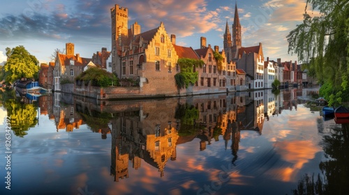 Blue hour sunrise landscape with water reflection houses on Spiegelrei Canal. Bruges  Belgium