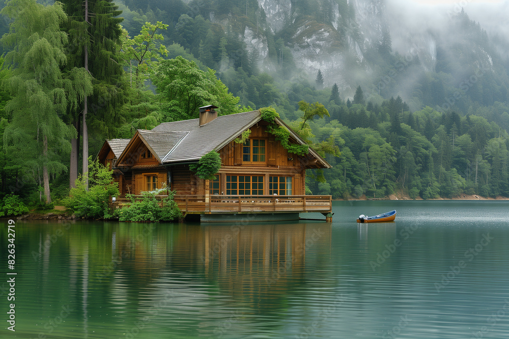 Photo of a serene lakeside cabin with a fishing boat