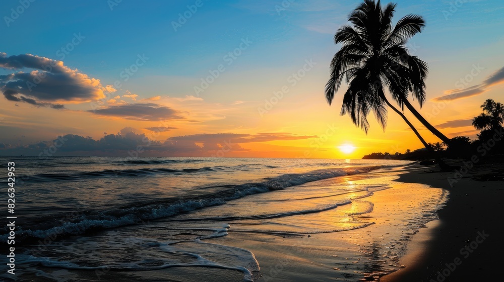 Serene tropical beach at sunset with palm trees and calm waves