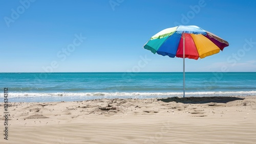 Colorful umbrella on sandy beach by ocean © Artyom