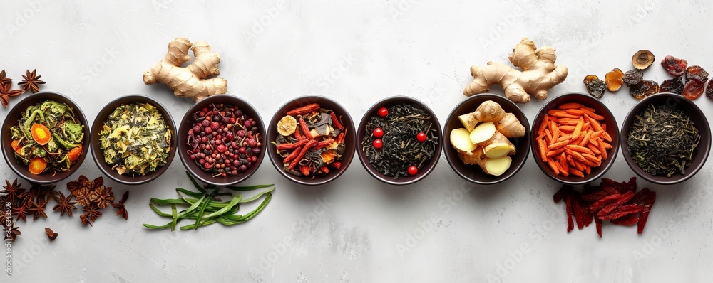 traditional Chinese herbal remedies with a variety of infusions elegantly arranged in small bowls on the right side, contrasting against a white backdrop