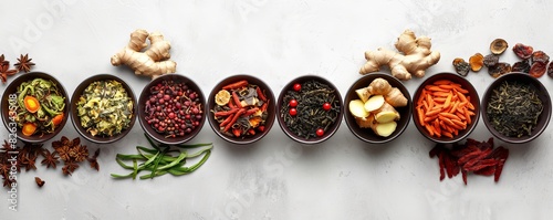 traditional Chinese herbal remedies with a variety of infusions elegantly arranged in small bowls on the right side, contrasting against a white backdrop