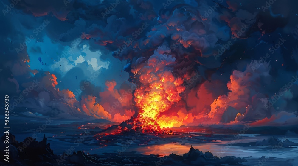 fiery volcanic eruption at night with glowing lava and smoky clouds ...