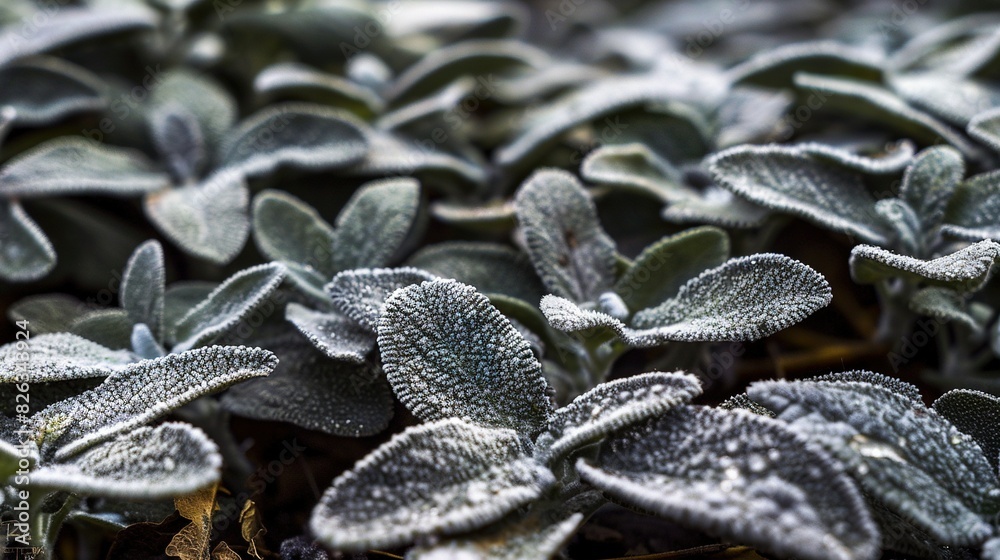 A close-up of a group of plants with frosty leaves A close-up of a group of plants with frosty leaves