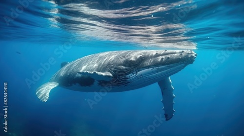 A juvenile humpback whale is captured swimming in blue ocean waters, exhibiting the majesty of marine life