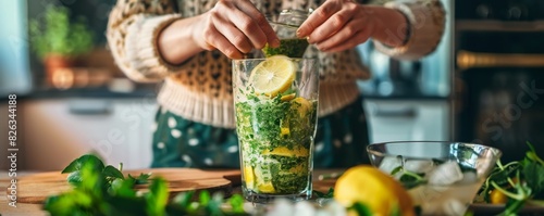 A woman's hands in a sweater squeeze lemon into a blender for a green smoothie, inching and squishing the mint. The kitchen counter has a glass cup, a bowl with ice cubes photo