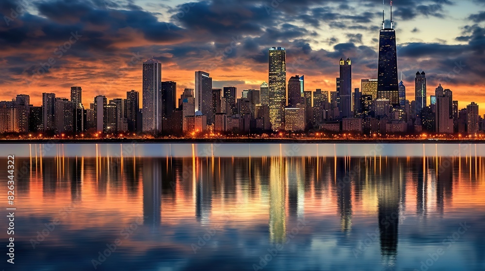 Fototapeta premium Twinkling city lights reflect off the water at dusk, showcasing a stunning urban skyline