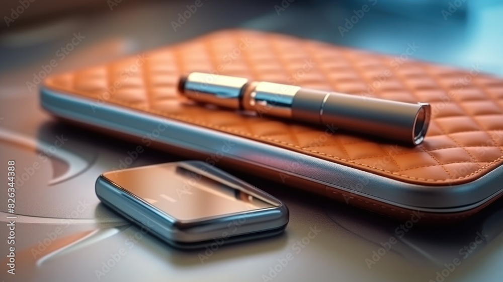 An elegant metallic pen rests on a textured leather case beside a modern smartphone, depicting luxury accessories An elegant metallic pen rests on a textured leather case beside a modern smartphone, depicting luxury accessories