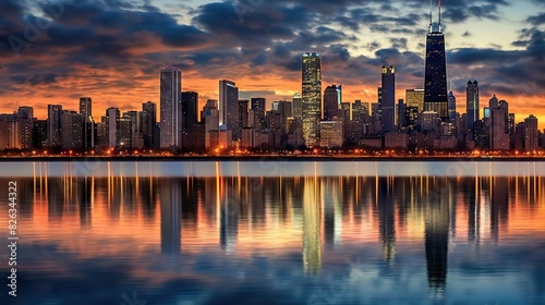 Twinkling city lights reflect off the water at dusk, showcasing a stunning urban skyline