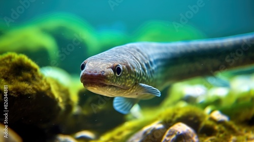 Close-up of a fish swimming in the clear waters among rocks and aquatic plants, demonstrating underwater life