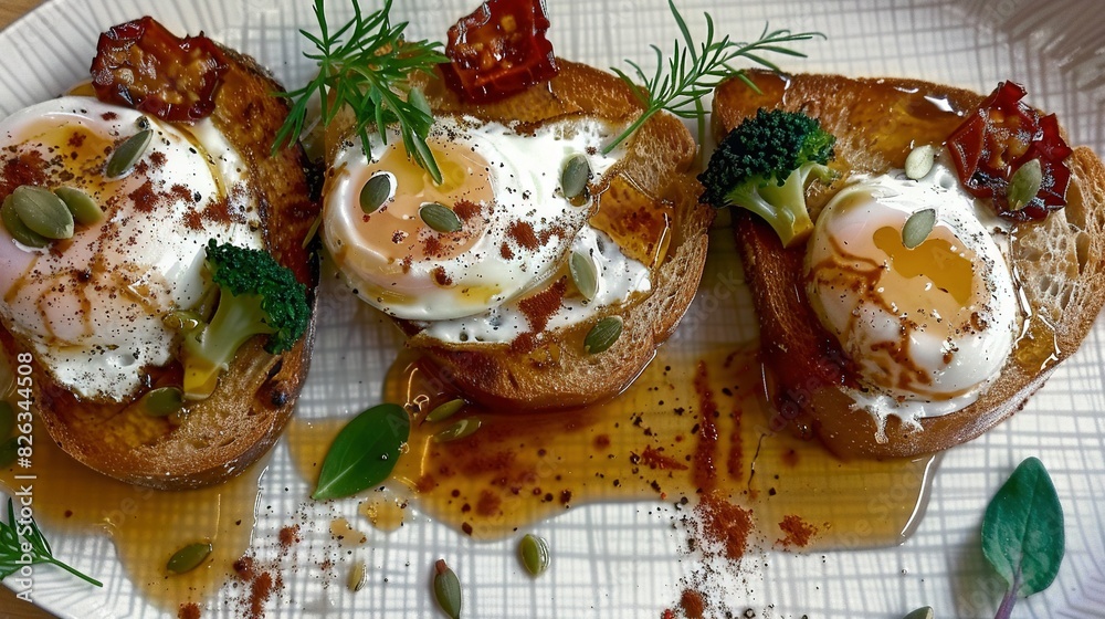 Fototapeta premium Two slices of toasted bread topped with egg and bacon on a white plate