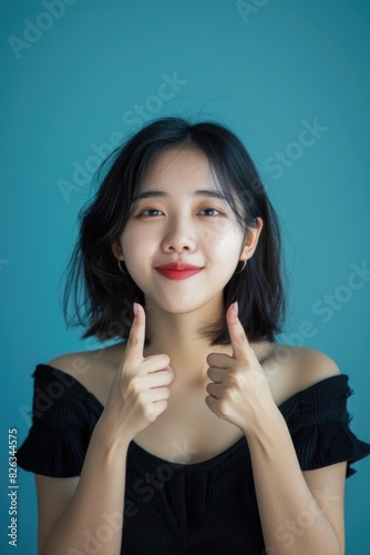 Woman in black dress giving thumbs up, suitable for business concepts