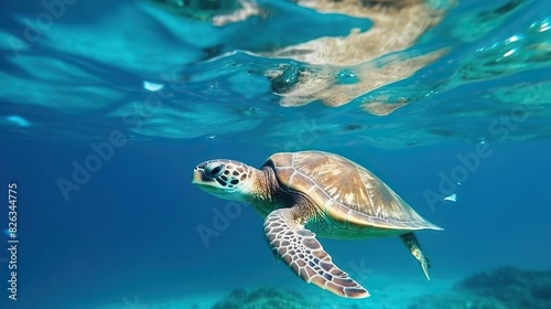 A vivid image of a sea turtle gracefully swimming in the clear blue waters of a tropical sea