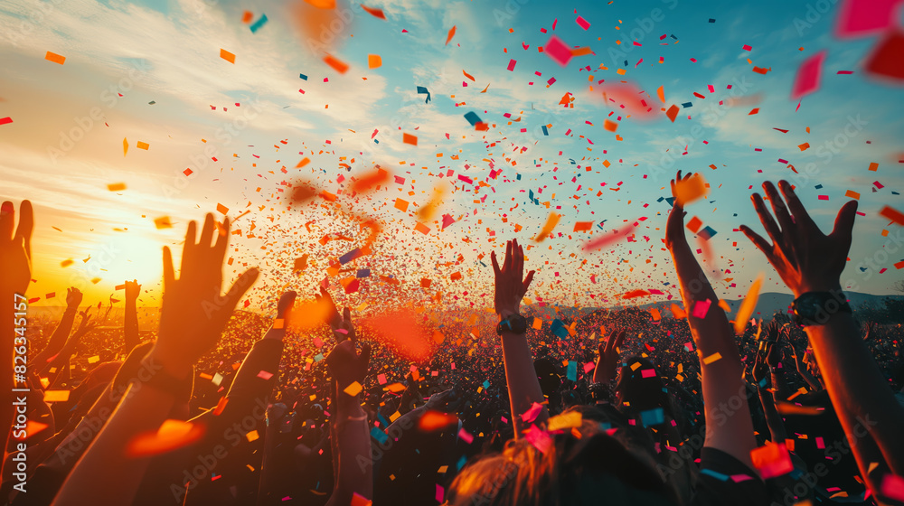 Festival atmosphere with uplifted hands and colorful confetti falling in the sky during sunrise or sunset