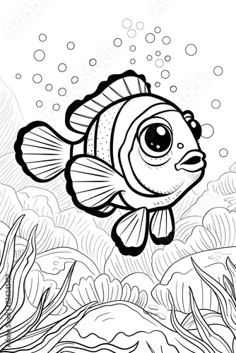 Monochrome illustration of a clown fish swimming in a rectangular art piece