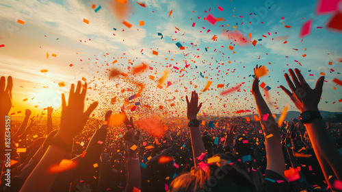 Obraz na płótnie Festival atmosphere with uplifted hands and colorful confetti falling in the sky during sunrise or sunset w salonie
