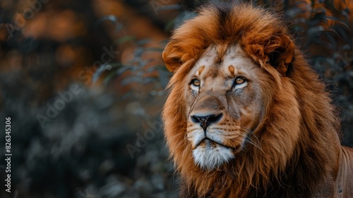 Majestic Lion Staring Intently with Wind Swept Mane in African Safari © Thares2020