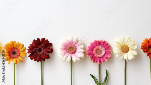 Beautiful array of individually potted gerbera daisies with various colors, isolated on white background