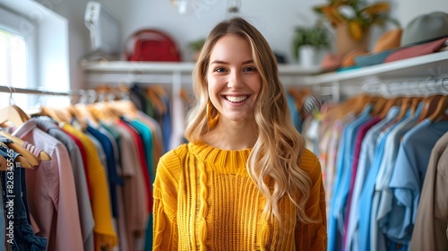 Fashionable Woman Showcasing Versatile Wardrobe Choices in Retail Setting
