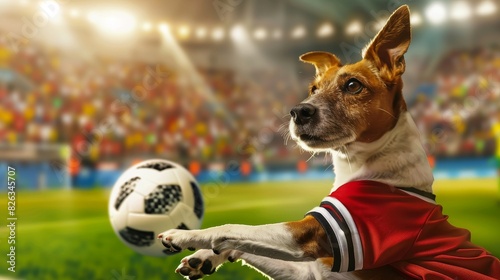 A dog in a soccer jersey kicking a ball, with the stadium crowd blurred out for copy space, illustration, vibrant colors photo
