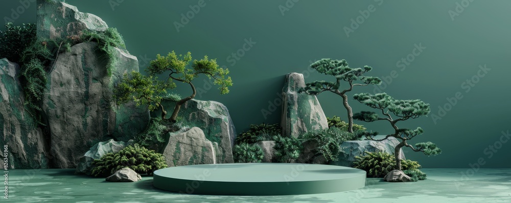 empty round flat podium with  forest and oriental zen type  green tone, background wall, green backdrop, for commercial product display and  placement