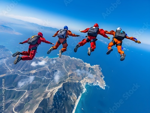 Daring Skydivers in Exhilarating Freefall Formation Against Vibrant Blue Sky photo