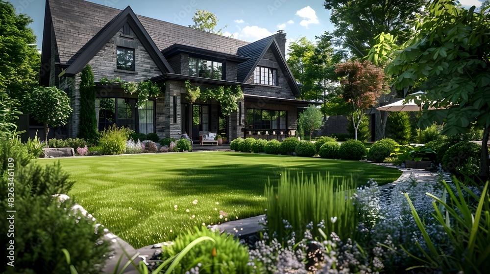 Obraz premium Perfectly Manicured Luxury Estate with Pristine Lawn and Lush Landscaping