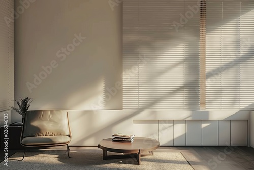 Interior of a modern minimalist living room, soft sunlight filtering through blinds,. Clean lines, neutral tones, and a cozy atmosphere. contemporary chair, a low coffee table, simple design