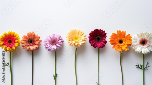 A lineup of colorful gerbera daisy flowers against a plain white background, representing simplicity and elegance