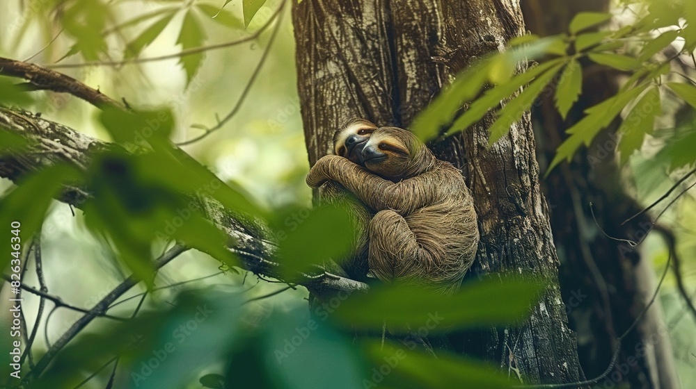 A three-toed sloth resting its head on a branch in a forest A three-toed sloth resting its head on a branch in a forest