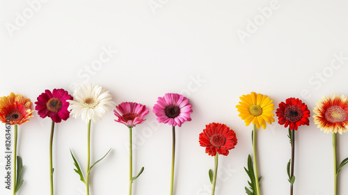 A sequence of colorful gerbera flowers presenting a spectrum of colors against a white background