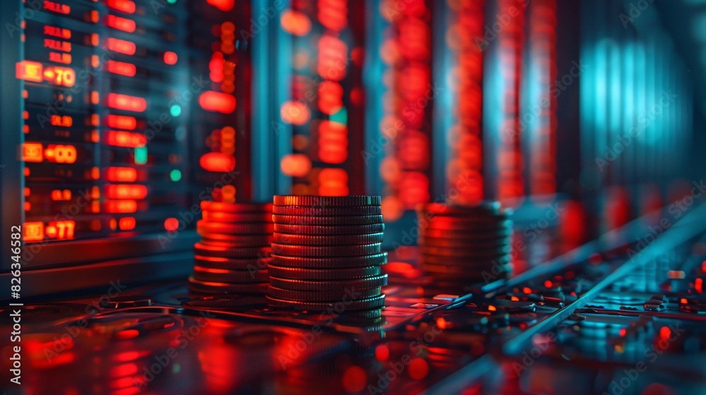 3D Render of Computer Servers with Stacks of Money and Coins in Simple Masculine Colors on a Dark Background 3D Render of Computer Servers with Stacks of Money and Coins in Simple Masculine Colors on a Dark Background