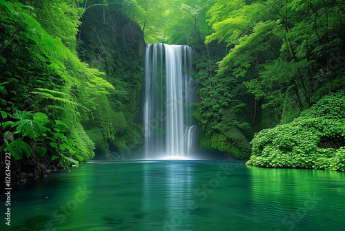 Photo of a majestic waterfall in a tropical jungle