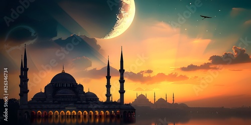 majestic mosque with several minarets and a large central dome. The mosque stands out against the night sky photo