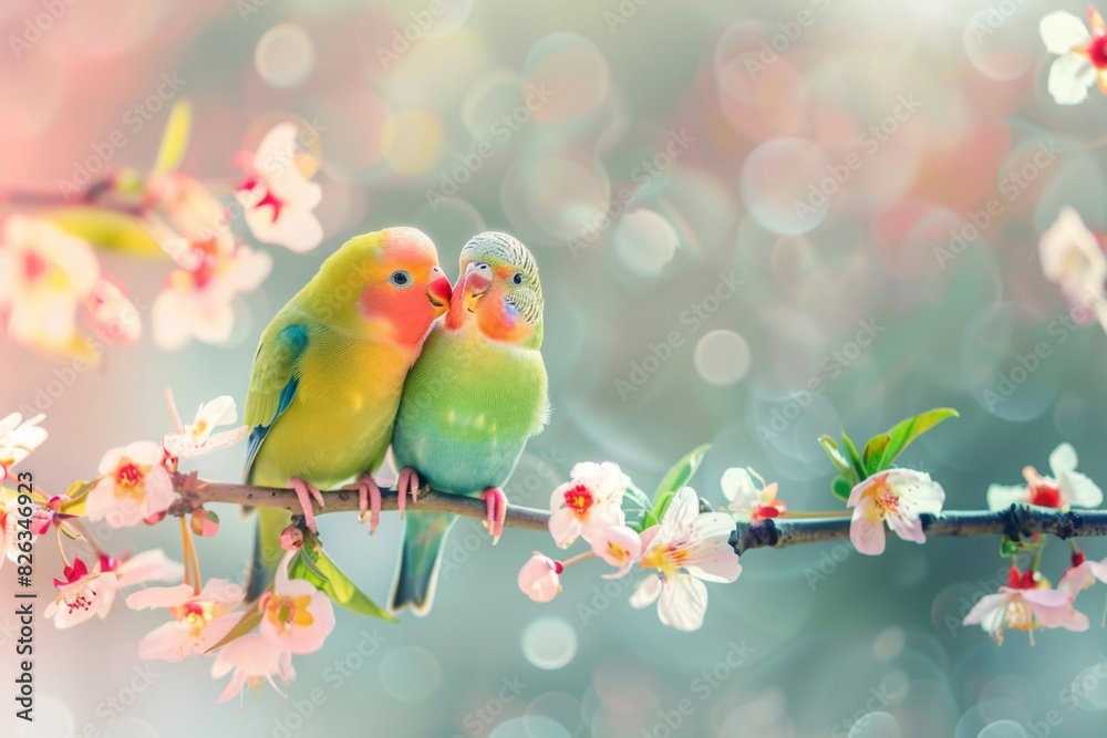 Two colorful lovebirds perched on a blossoming branch, surrounded by delicate pink and white flowers, with a dreamy, blurred background. The scene exudes a sense of romance and tranquility. Two colorful lovebirds perched on a blossoming branch, surrounded by delicate pink and white flowers, with a dreamy, blurred background. The scene exudes a sense of romance and tranquility.