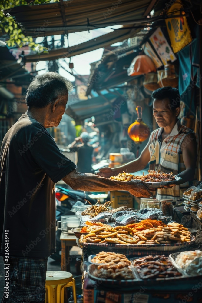 A man serving food to a woman in a bustling market. Ideal for food and travel concepts