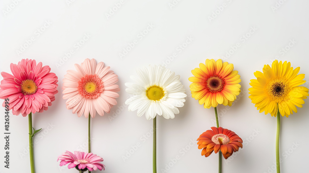 A variety of vibrant gerberas and daisies are aligned neatly against a pristine white backdrop, conveying a sense of freshness and purity A variety of vibrant gerberas and daisies are aligned neatly against a pristine white backdrop, conveying a sense of freshness and purity