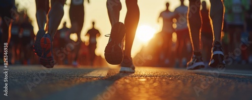 Close up of people running in a race, morning light, group closeup, side view, wearing shorts and t-shirts, outdoors at the lake shore, sunny day, sunset light