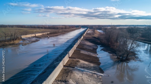 The completed flood defense barrier stands tall and strong ready to protect the surrounding area from potential floodwaters.