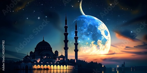 majestic mosque with several minarets and a large central dome. The mosque stands out against the night sky