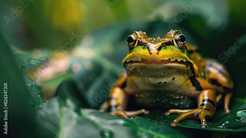 Vibrant frog sits on leaf  surrounded by lush foliage