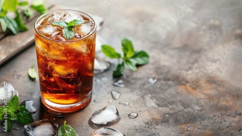 Refreshing iced tea with mint leaves on rustic table