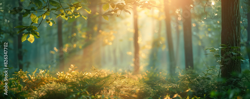 Beautiful view of the sunrise in spring green forest.